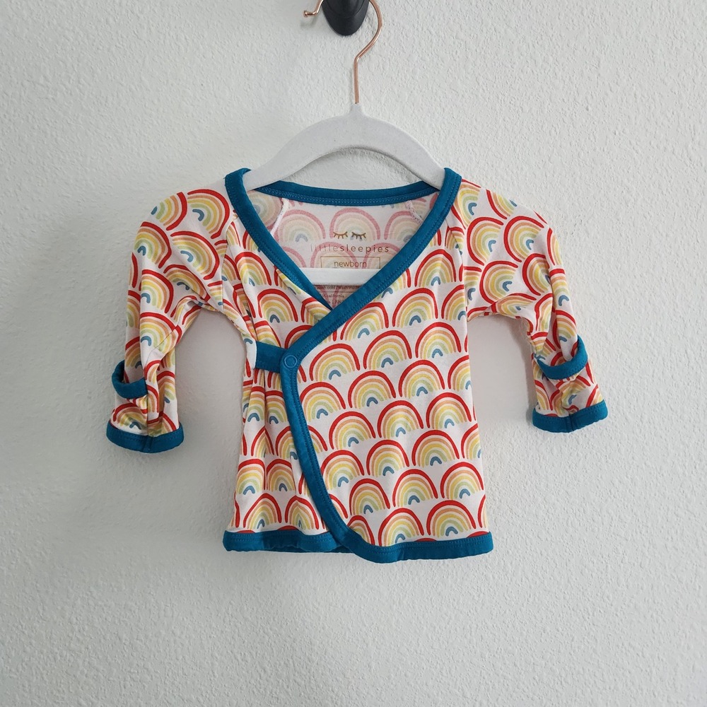 Little Sleepies size Newborn Rainbow Bamboo‎ Viscose Kimono Top Teal Trim